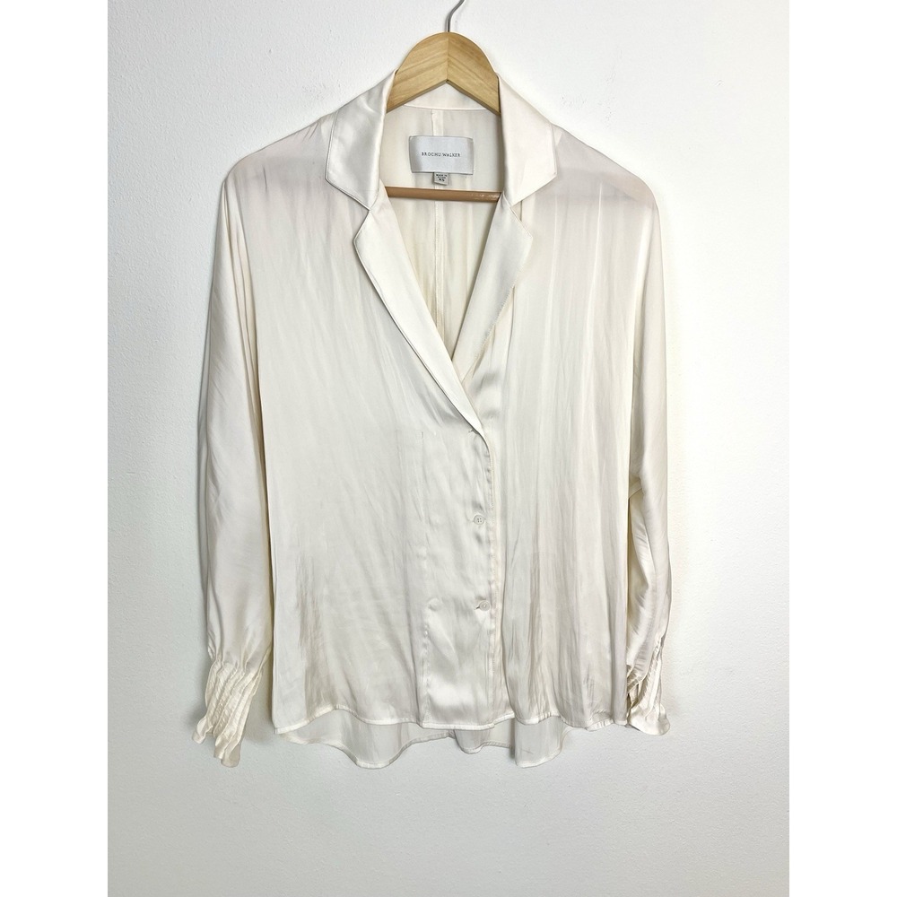 Brochu Walker Satin Feel Fluid Drape Double Breasted Button Blouse Ivory Xs